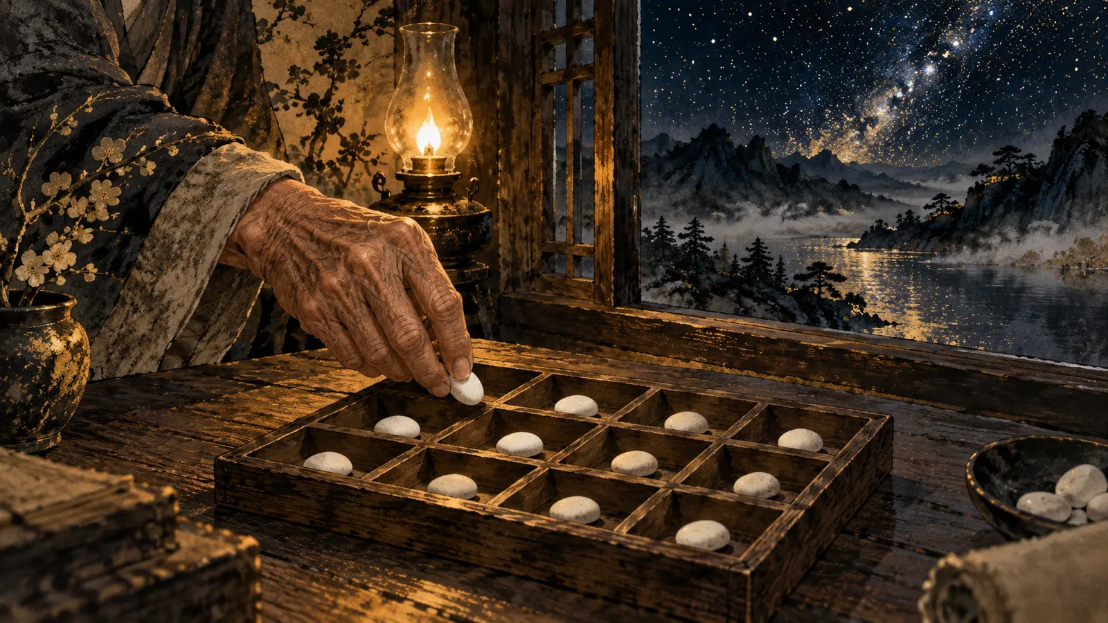 Bàn tay người già đặt từng viên sỏi trắng lên một bàn gỗ chia mười hai ô dưới ánh đèn dầu, ngoài cửa sổ là trời sao