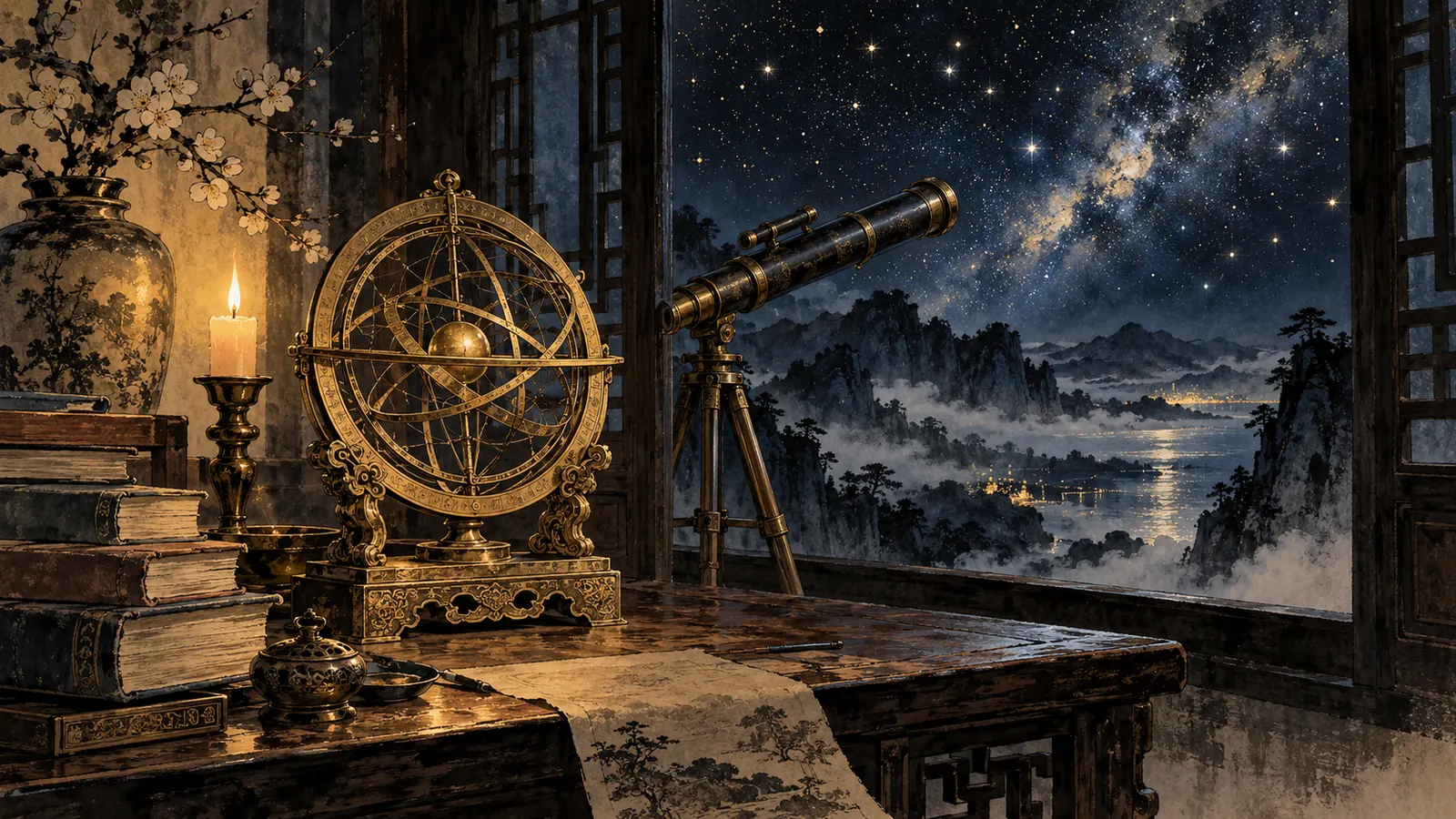 Góc phòng làm việc cổ ban đêm với chiếc astrolabe bằng đồng trên bàn, chồng sách, ngọn nến và ống kính thiên văn hướng ra cửa sổ đầy sao