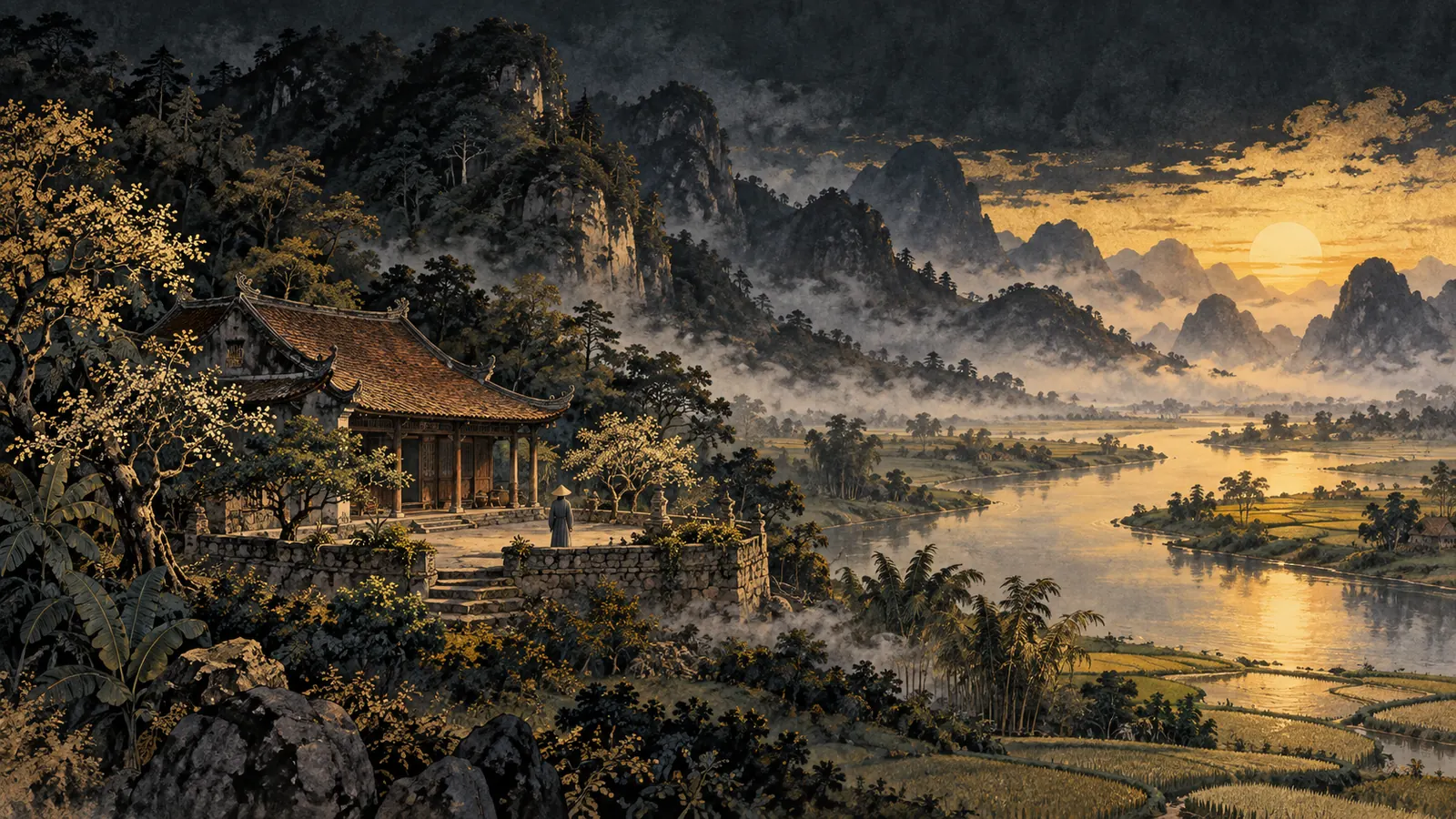 Ngôi nhà mái ngói cổ tựa lưng vào núi, mặt nhìn ra sông và cánh đồng lúc bình minh, một người đứng giữa sân nhìn từ phía sau