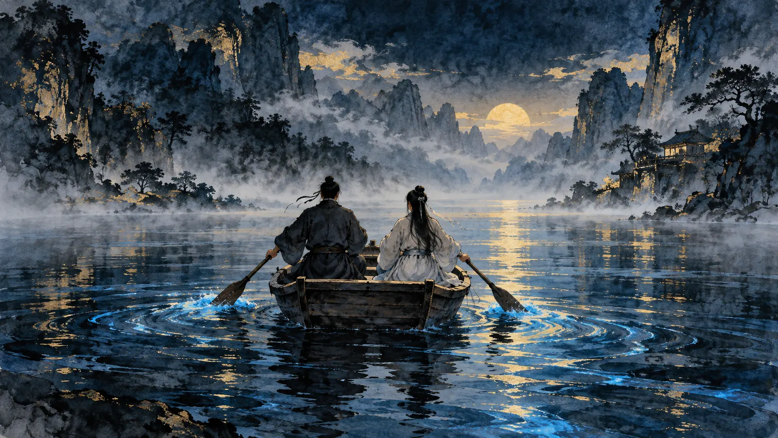 Tranh thủy mặc hai người nhìn từ sau lưng cùng chèo một con thuyền nhỏ trên sông sương sớm, mái chèo khua nước ánh xanh lam