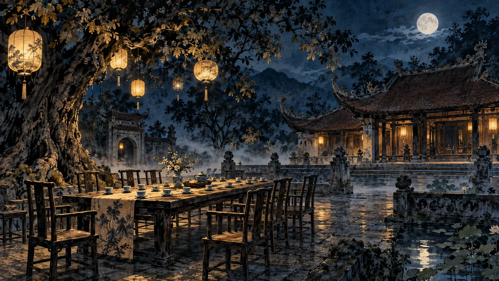 Tranh thủy mặc một bàn trà dài ngoài sân đình với nhiều chén trà và những chiếc ghế trống, đèn lồng treo thấp dưới ánh trăng xanh lam