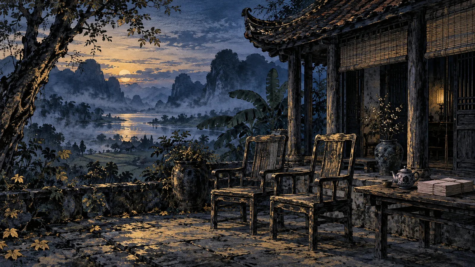 Tranh thủy mặc hai chiếc ghế gỗ cũ đặt cạnh nhau trước hiên nhà ngói, một ấm trà nguội và chồng giấy buộc dây dưới ánh hoàng hôn xanh lam