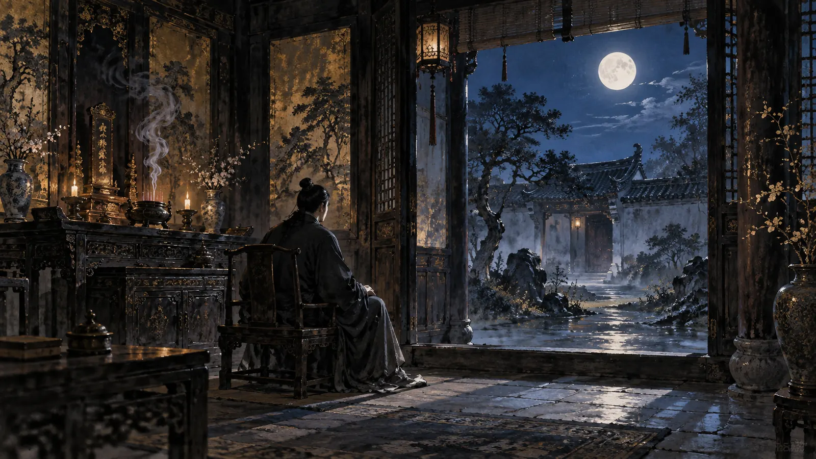 Tranh thủy mặc một người ngồi một mình trong gian thờ gỗ cũ nhìn ra sân, khói hương mỏng bay lên dưới ánh trăng xanh lam