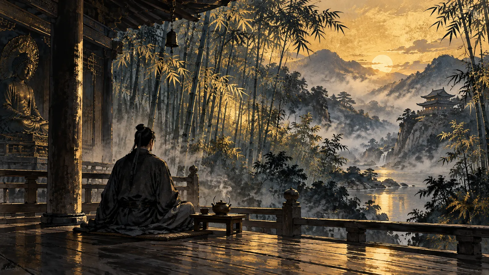 Tranh thủy mặc một người ngồi nhìn từ phía sau trên hiên chùa cổ, ấm trà bốc khói, nắng chiều vàng nhạt rọi qua rặng tre