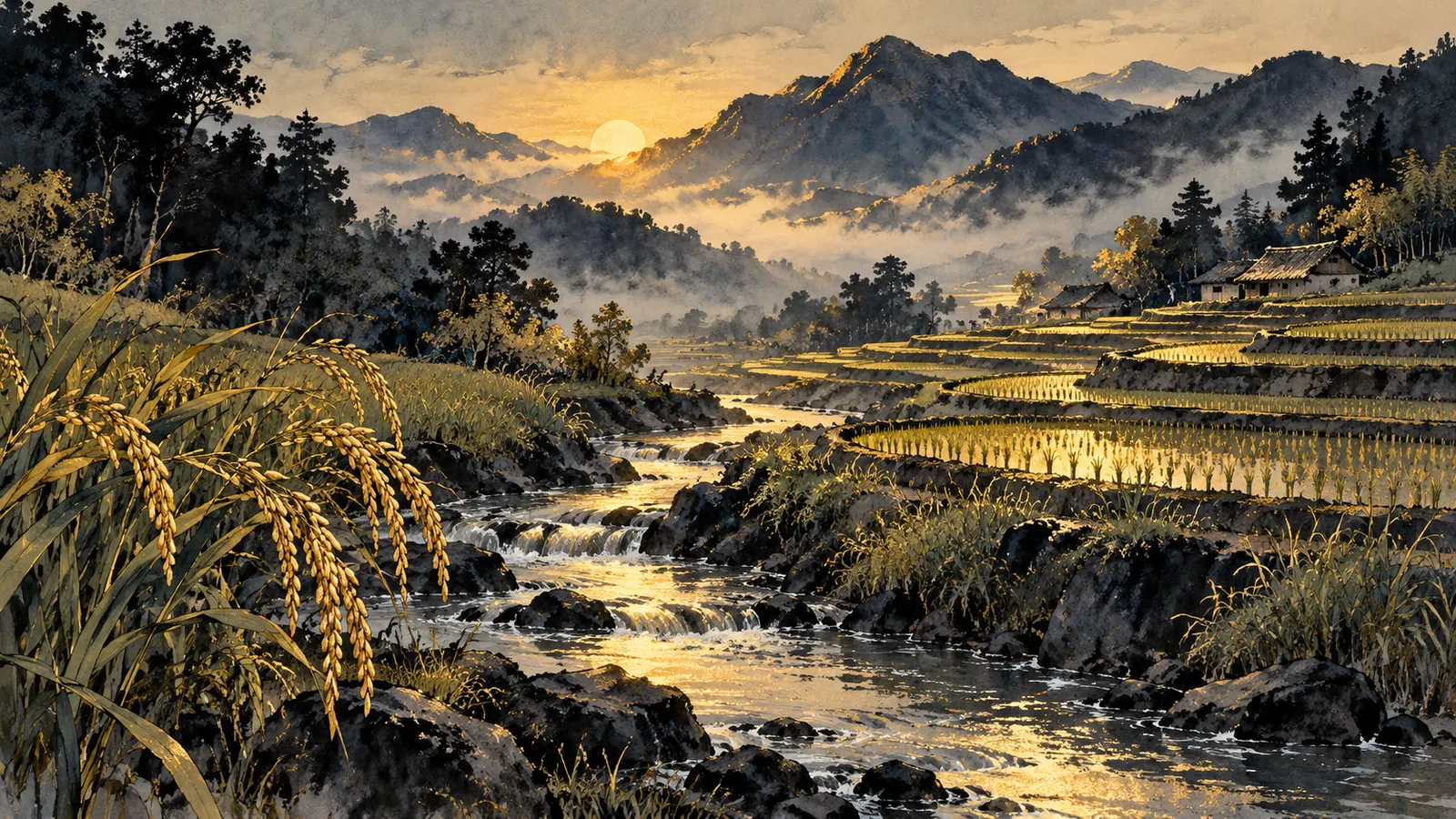 Tranh thủy mặc dòng suối nhỏ chảy qua ruộng bậc thang buổi sớm, mặt nước ánh vàng nhạt, vài bông lúa trĩu hạt bên bờ