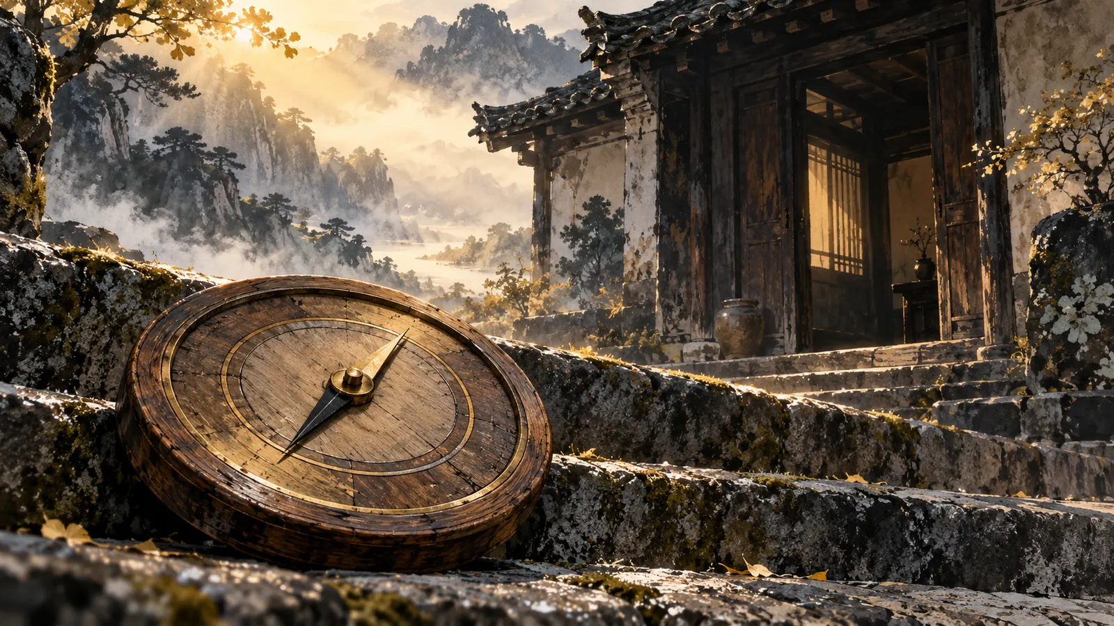 Tranh thủy mặc một chiếc la bàn gỗ cổ không chữ đặt trên bậc thềm đá trước cửa một ngôi nhà mái ngói, nắng sớm xiên qua làn sương
