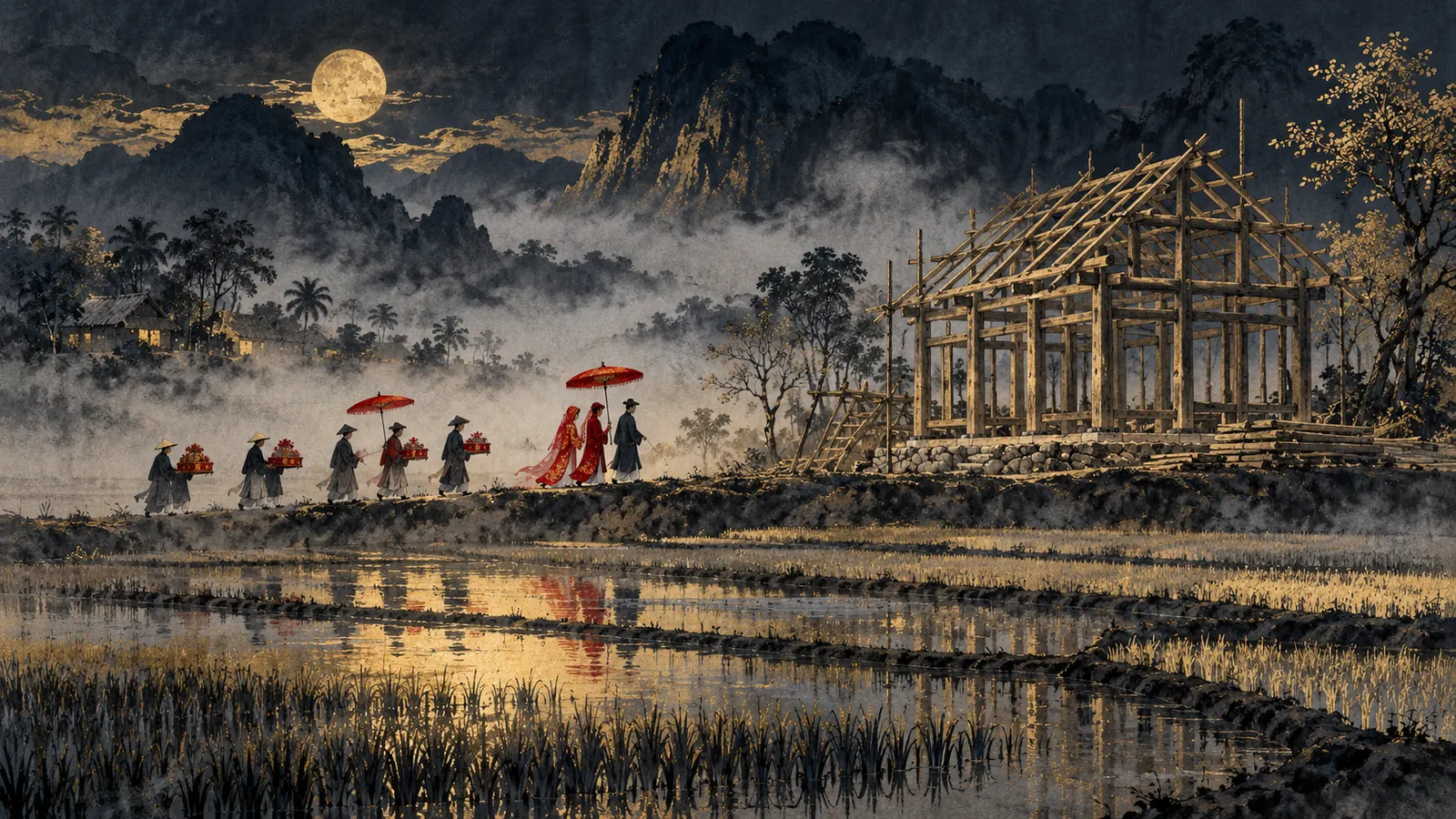 Đoàn đưa dâu xưa nhìn từ xa đi trên bờ ruộng giữa sương, che dù đỏ, mang tráp lễ, bên cạnh là bộ khung nhà gỗ đang dựng dở