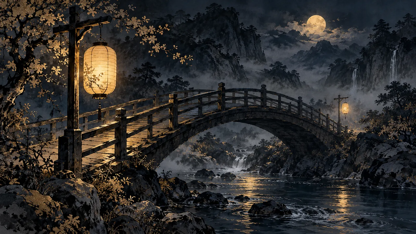 Hai ngọn đèn lồng giấy treo ở hai đầu một cây cầu gỗ cong bắc qua dòng suối đêm, một ngọn sáng gần, một ngọn mờ xa trong sương