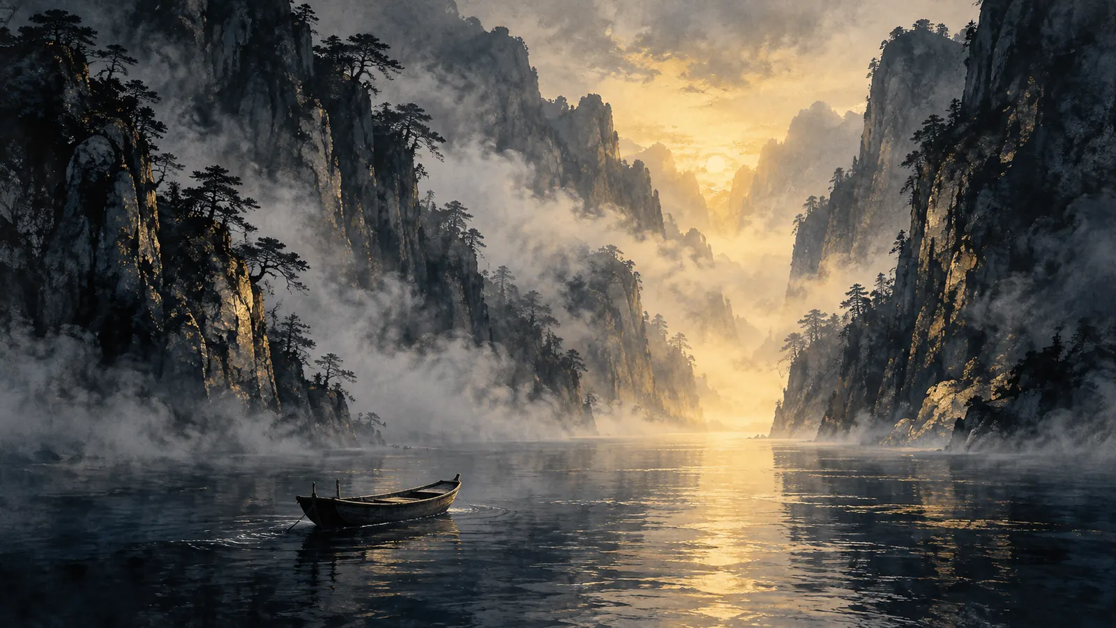 Tranh thủy mặc một con thuyền nhỏ không người lái trôi theo dòng sông lớn giữa hai vách núi, sương mù dày và ánh vàng nhạt phía cuối dòng