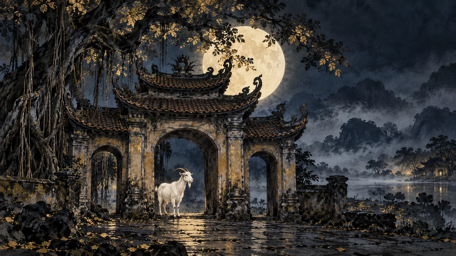 Con dê trắng đứng dưới cổng tam quan mái cong của một ngôi đình cổ, phía sau là trăng tròn lớn, cây đa rễ phủ và sương đêm
