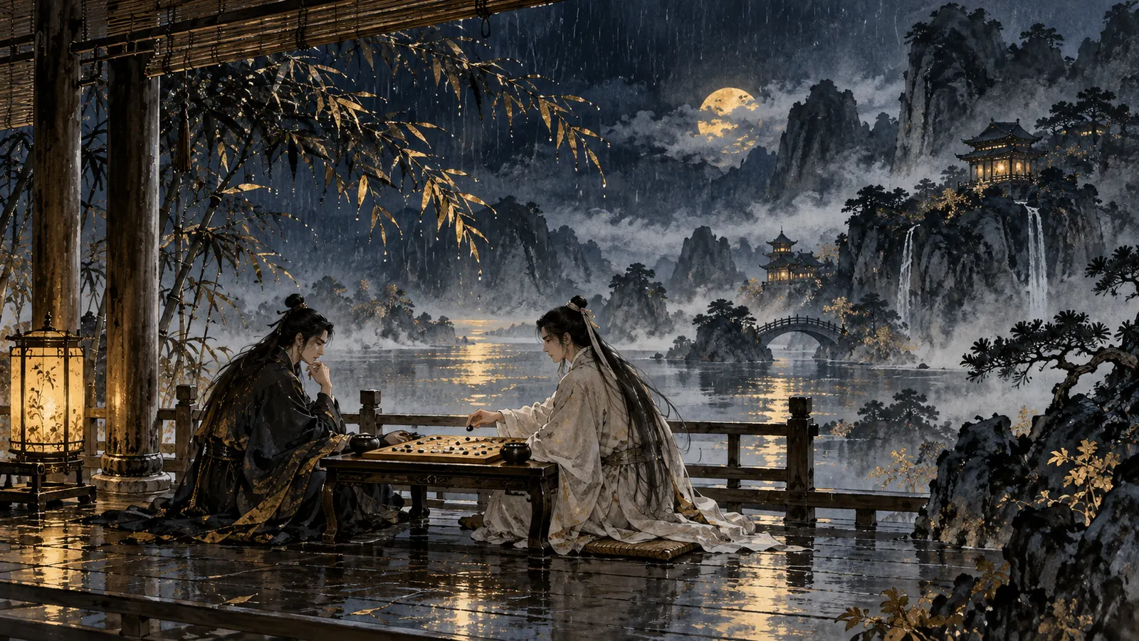 Tranh thủy mặc hai người ngồi đối diện bên bàn cờ dưới mái hiên, ngoài trời mưa bụi và một cành trúc nghiêng trong gió