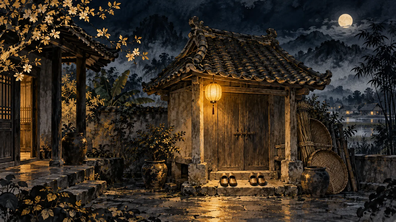 Tranh thủy mặc một kho lúa mái ngói trong sân nhà cổ, trước cửa kho có hai đôi guốc gỗ đặt cạnh nhau dưới ánh đèn lồng