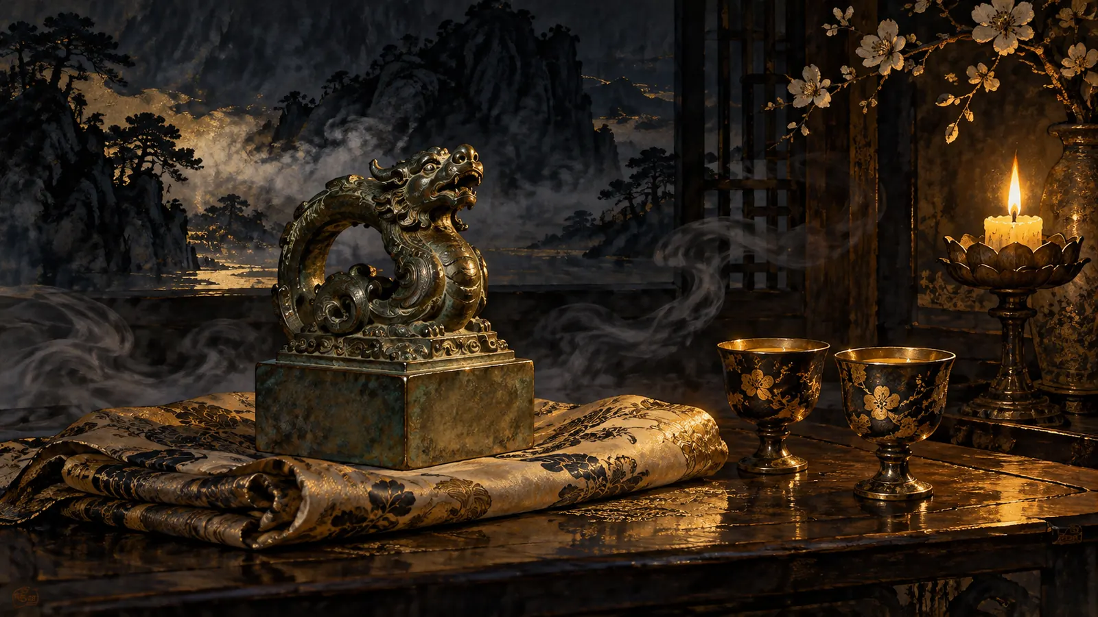 Tranh thủy mặc một chiếc ấn đồng cổ đặt trên tấm lụa gấp ngay ngắn cạnh hai chén rượu cưới, ánh nến vàng và sương mỏng trong gian phòng tối