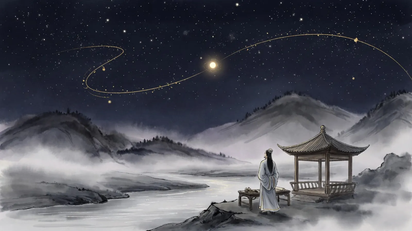 Một hành tinh sáng vạch đường vòng màu vàng trên trời sao, bên dưới là đồi núi phủ sương, dòng sông và một người đứng cạnh đình nhỏ ngước nhìn