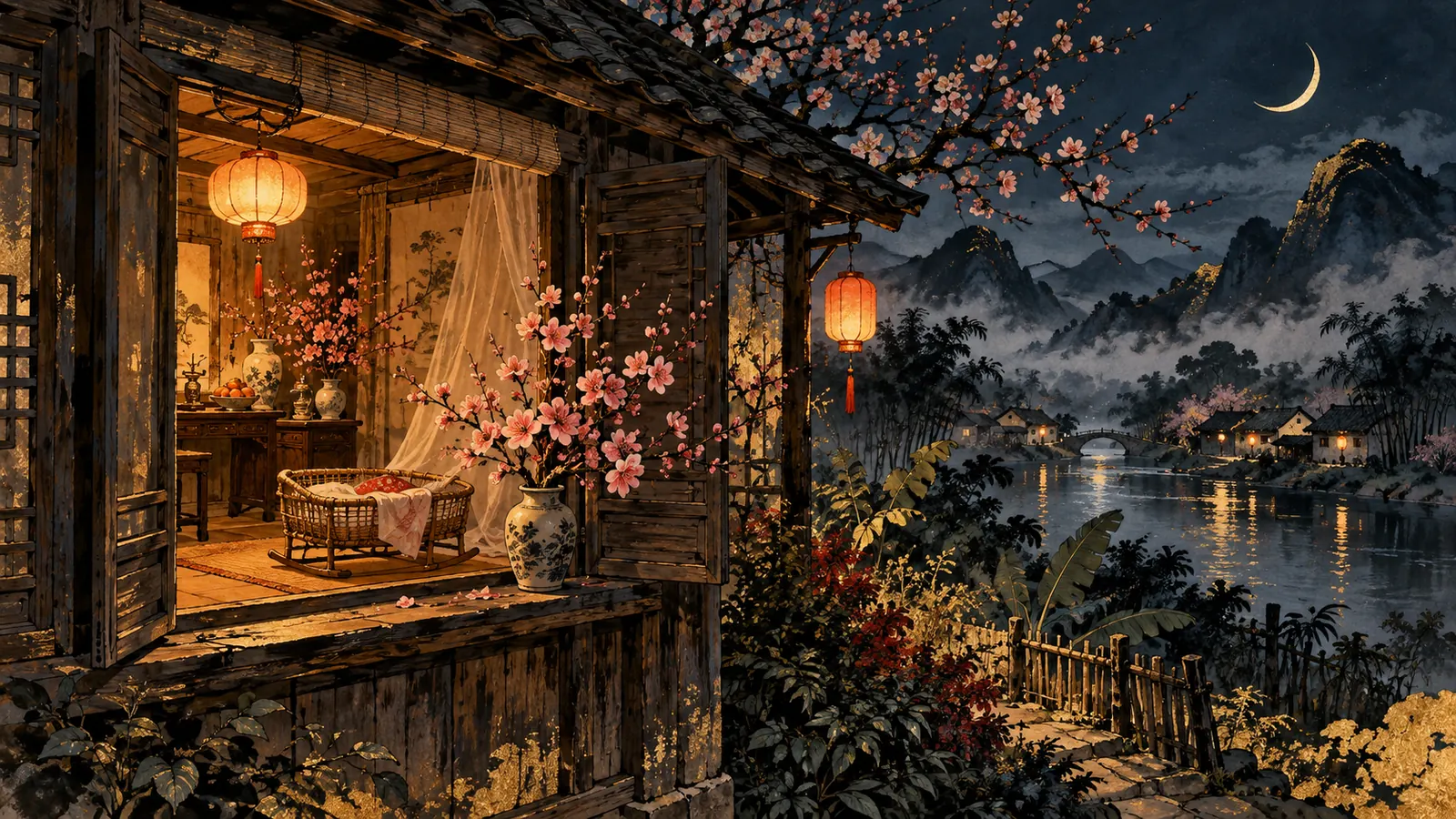 Nếp nhà gỗ đêm giao thừa, bình hoa đào bên cửa sổ, chiếc nôi mây trong phòng dưới ánh đèn lồng, trăng non ngoài trời