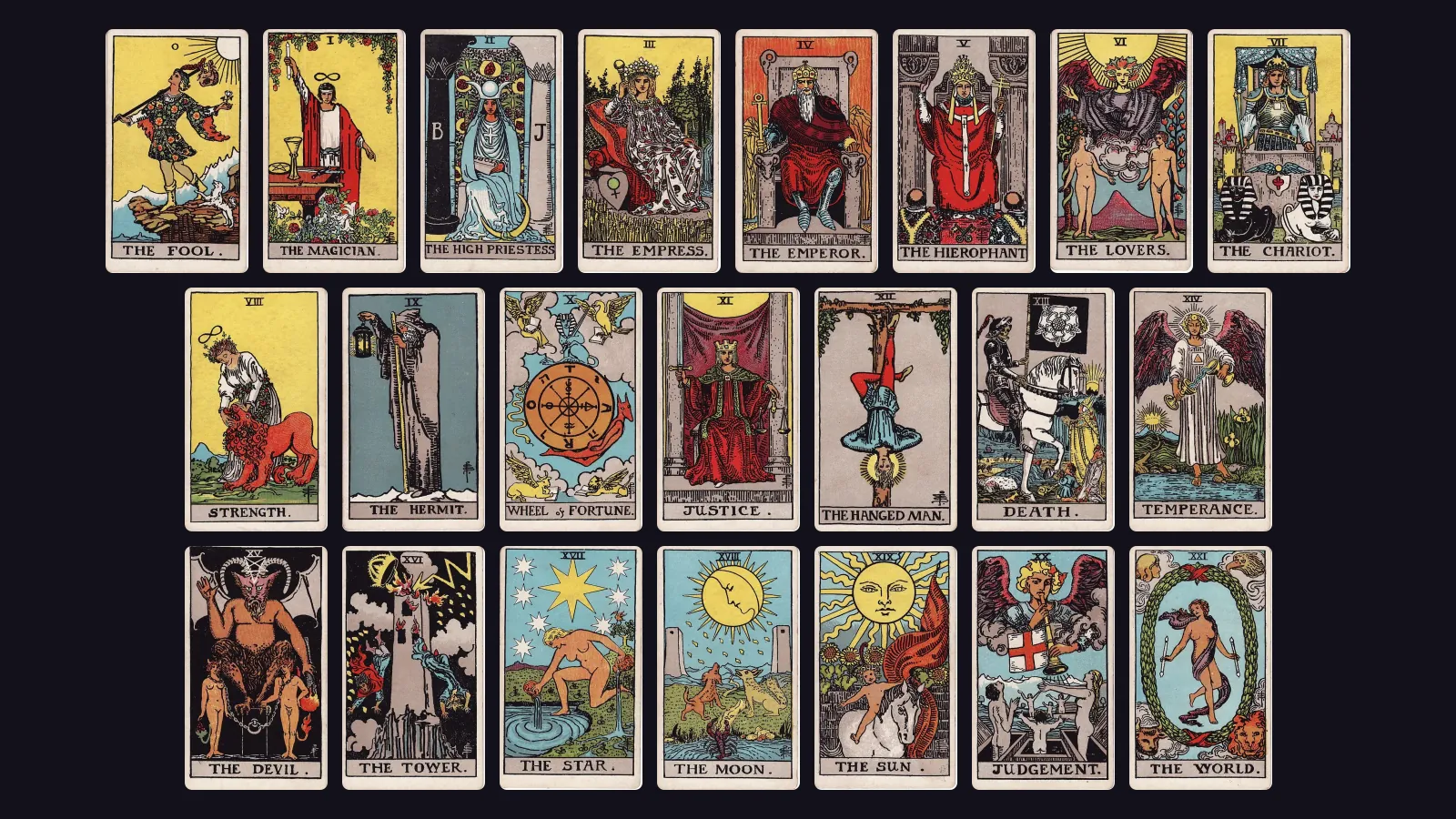 Toàn bộ 22 lá ẩn chính Tarot bản Rider–Waite–Smith 1909 xếp theo thứ tự từ The Fool đến The World