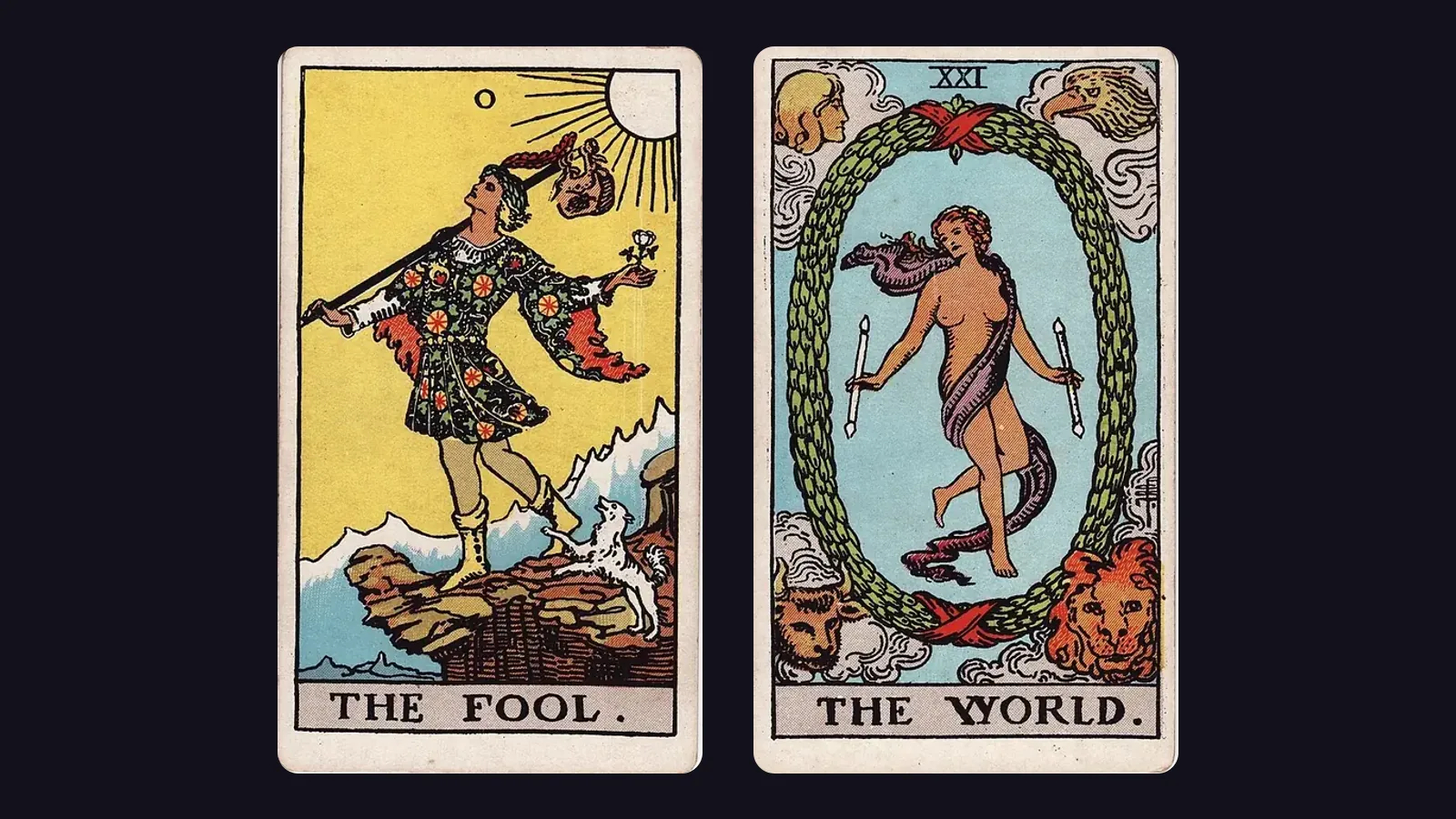 Lá The Fool và lá The World đặt cạnh nhau, tranh gốc Rider–Waite–Smith 1909