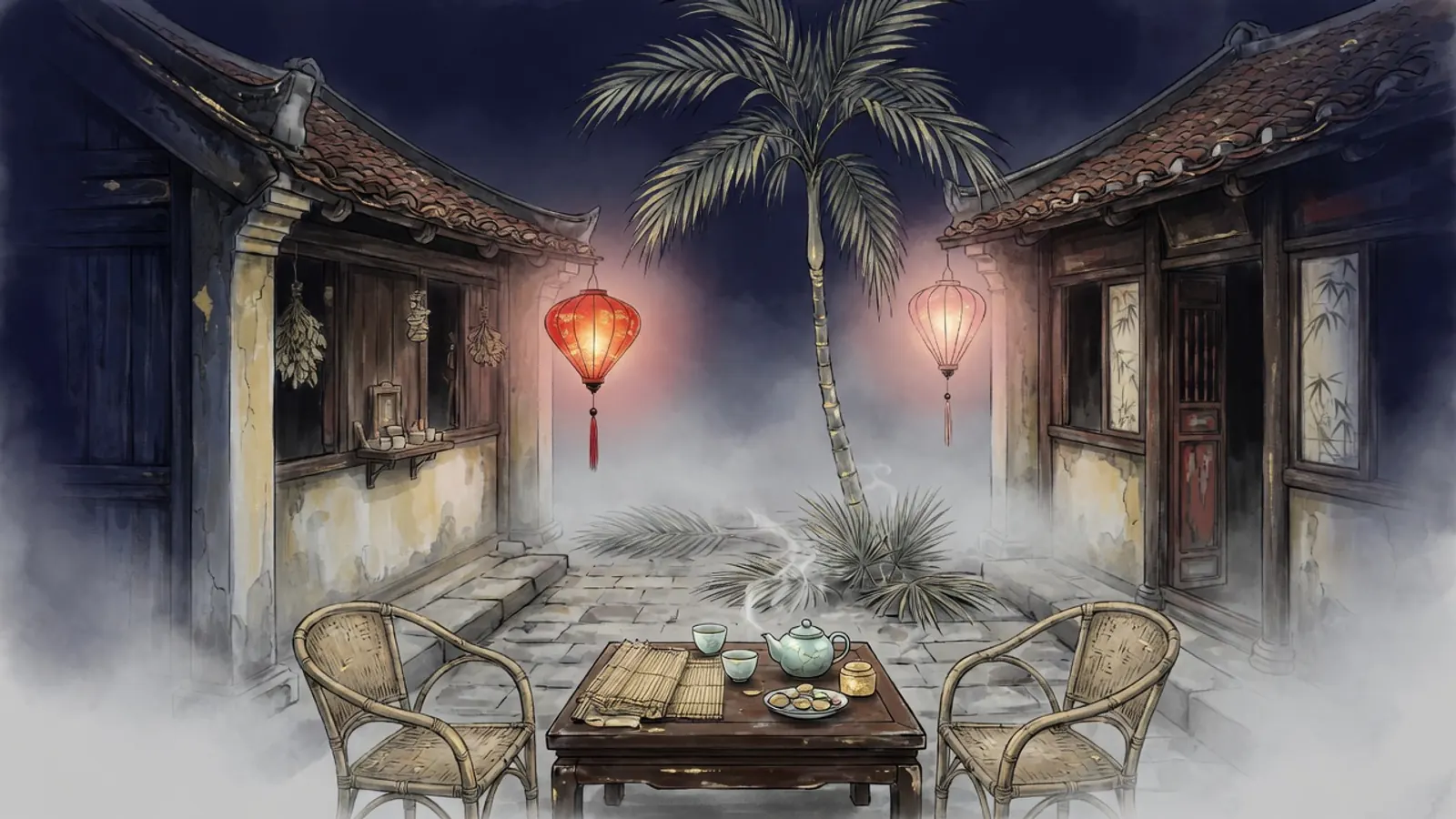 Hai nếp nhà cổ mái ngói đối diện nhau qua một khoảnh sân lát gạch có cây cau, hai chiếc đèn lồng, bàn trà và hai ghế mây để trống giữa sương đêm