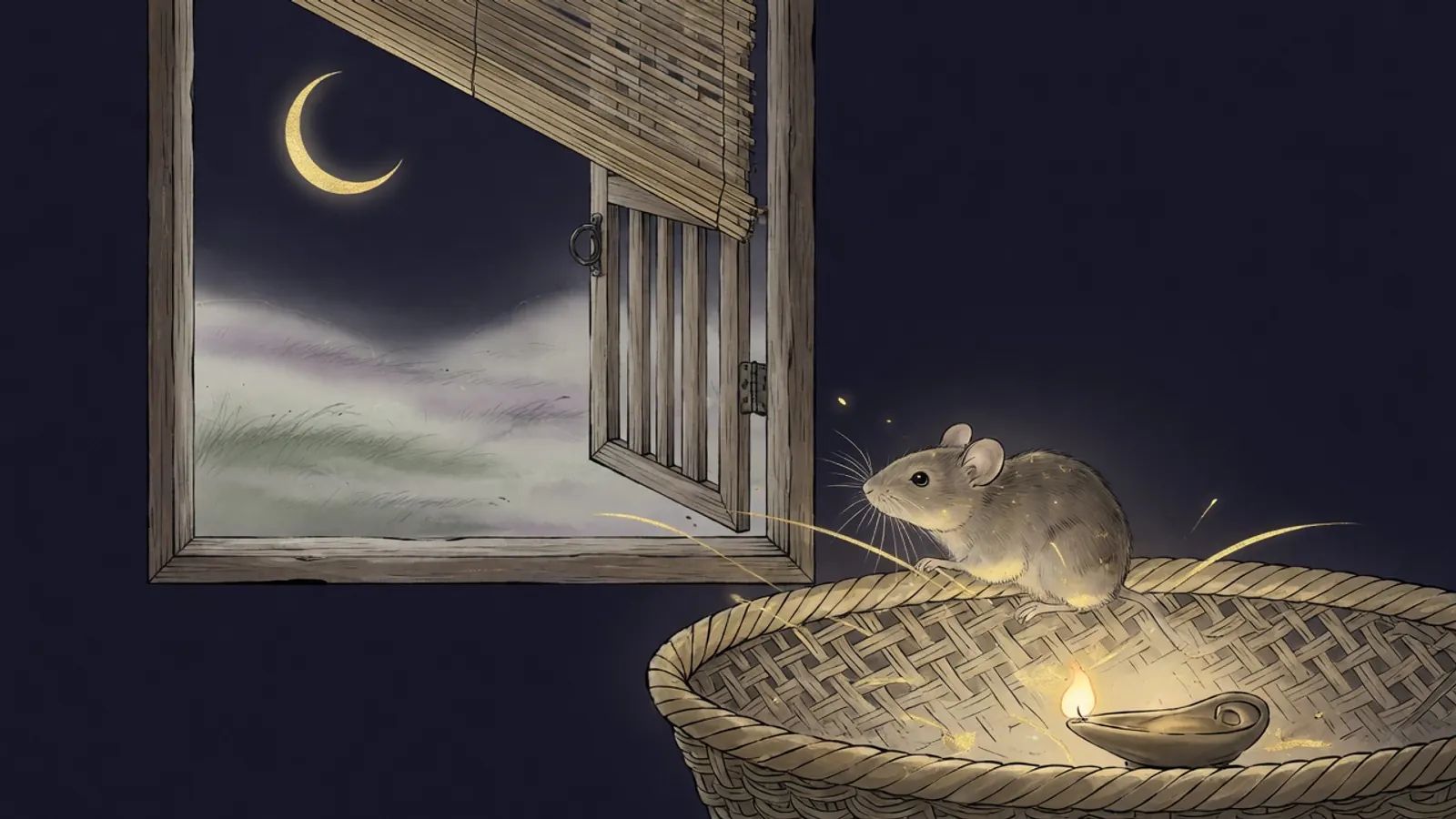 Một chú chuột nhỏ ngồi trên mép chiếc thúng tre trong gian bếp xưa, ánh đèn dầu vàng hắt lên, ngoài cửa sổ là trăng non và đồi cỏ mờ sương